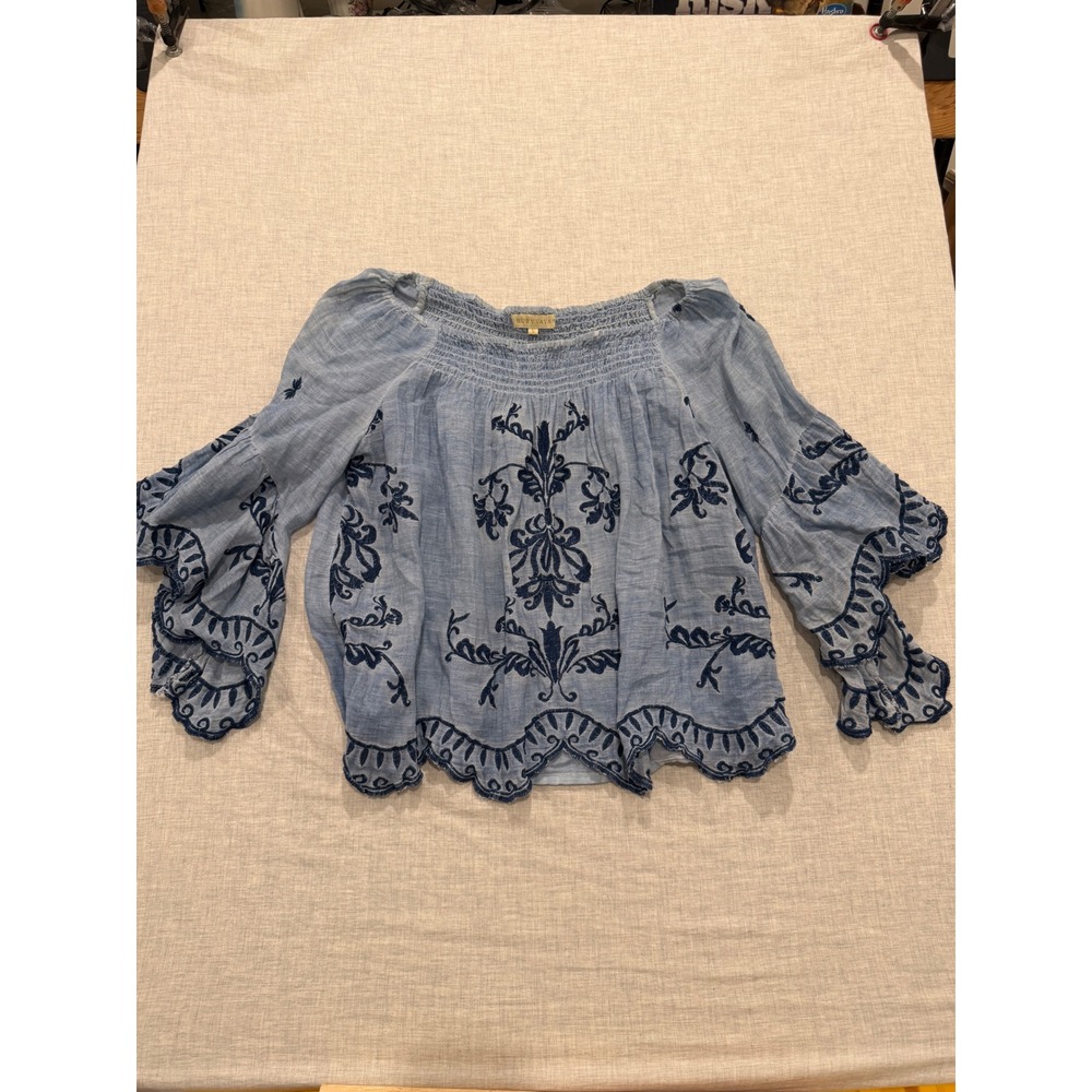 Ruby Yaya Womens Blue Embroidered Off Shoulder Bell Sleeve Boho Blouse Size S